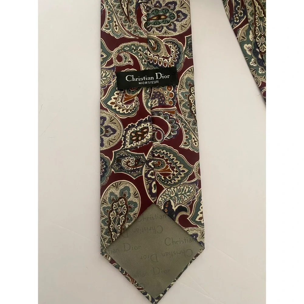 Christian‎ Dior Monsieur Mens Silk Paisley Tie Burgundy Green Gold Made in USA